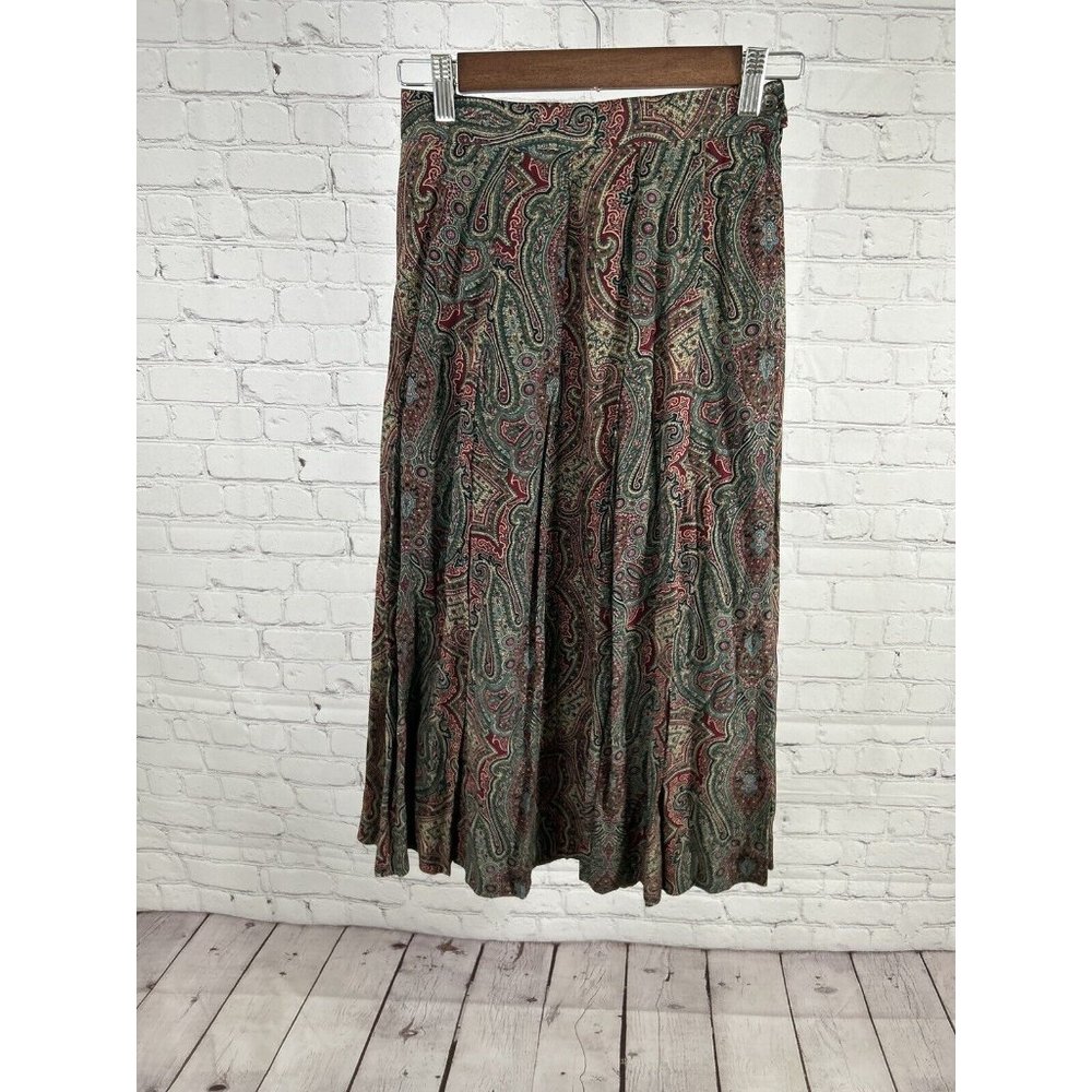 Vintage JG Hook Red Green Paisley Pleated Midi Length Skirt Women’s 4